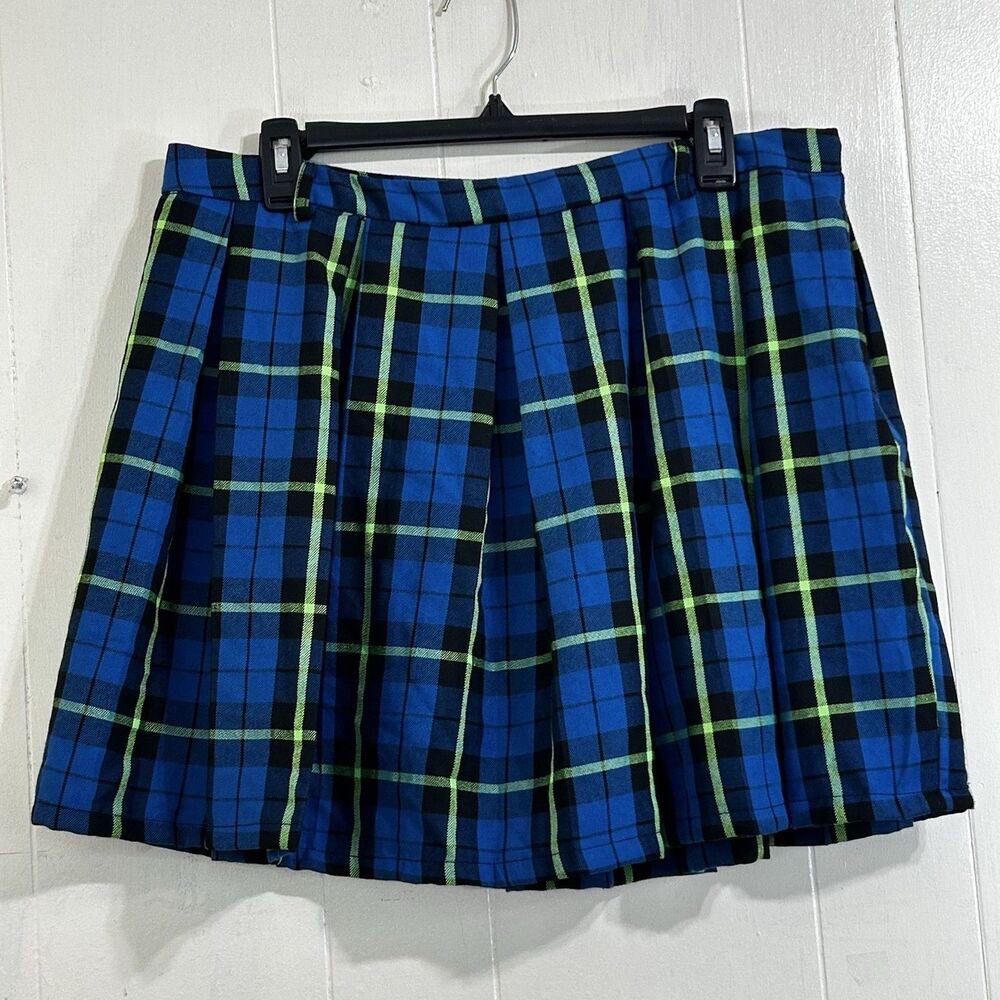 Hot Topic Blue Green Plaid Print Pleated Mini Skirt Size XL Juniors NWT
